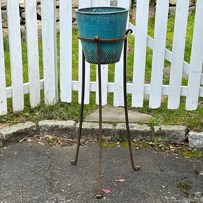Blue Glazed Planter & Stand | Textured flambe glazed plant pot on an iron stand; planter only h. 11.25 x dia. 11.75 in. Dimensions:...