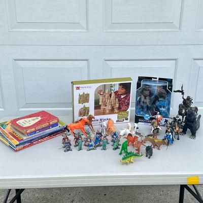 CHILDREN’S BOOKS & TOYS | Including: New in box castle blocks, knights, horses, and other animal toys, dinosaur toys, and large lot...