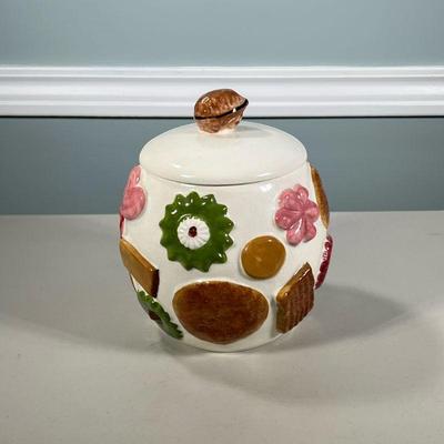 Vintage Cookie Jar | Glazed ceramic cookie jar decorated with pastries. Dimensions: h. 9.75 x dia. 7.5 in
