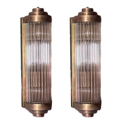 (2pc) Pair Art Deco Skyscraper Wall Sconces | Pair of art deco skyscraper style wall sconces with reverse fluted glass. Dimensions: h. 15...