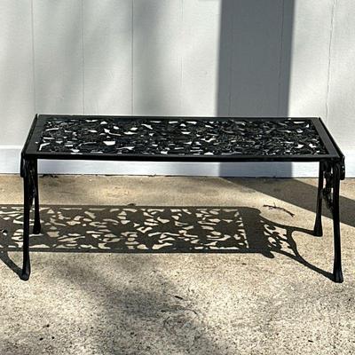 ALUMINUM OUTDOOR ROSE LOW TABLE | Black coated cast aluminum, with rose pattern Dimensions: h. 16 x w. 18 x l. 36.75 in

