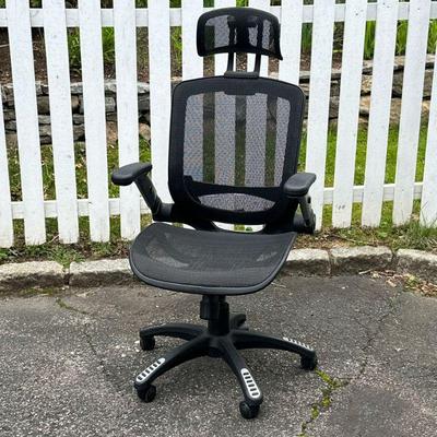 Office Chair | Swivel, adjustable height black chair with mesh back and head rest. Dimensions: h. 49 x w. 24 x d. 26 in
