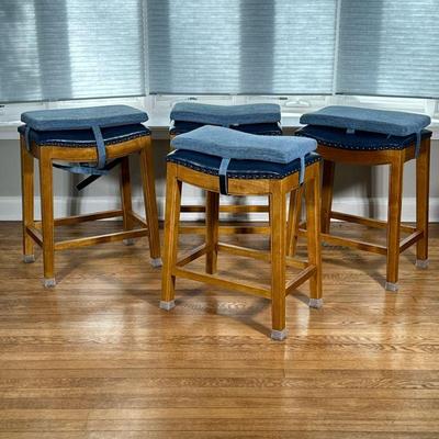 (4pc) RIVETED BLUE LEATHER STOOLS | Blue leather upholstered counter height bar stools with riveted border, includes Baibu cushion covers...