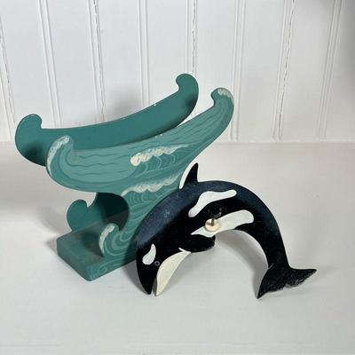 Spinning Whale Novelty | Orca whale spinning / rolling wood novelty. Dimensions: h. 8 x w. 5 x l. 9.5 in
