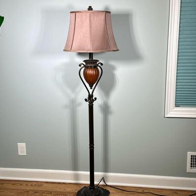 Bronze Floor Lamp | Bronze metal lamp with globe. Shade included. Dimensions: h. 63 x w. 17 x dia. 17 in (Incl. shade)
