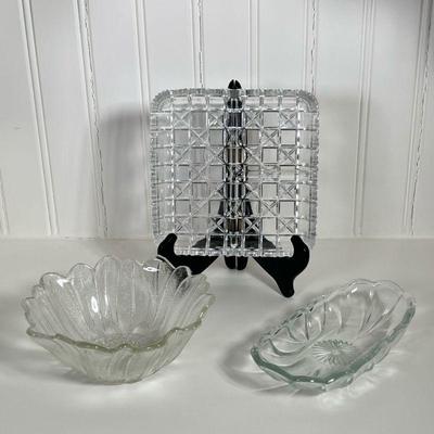(3pc) Glass Serving Dishes | Including: small bowl, oblong dish, small square olive dish with 3 partitions. Dimensions: h. 1 x w. 7 x l....