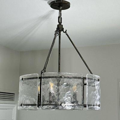 Quoizel Fortress 5-Light Chandelier | Having panels of textured glass with 5 lights. Dimensions: h. 27.25 x dia. 19.5 in (overall)
