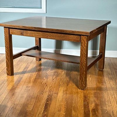 Mission Style Writing desk | Arts and Crafts figured oak desk or library table of robust construction, with central drawer. - h. 28 x w....