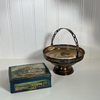 (2pc) SILVER PLATE BASKET & TIN | Silver plate handled basket marked on bottom "Made in India" and biscuit box from...