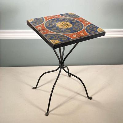 Tile Top Side Table | Four colorful tiles on a metal frame Dimensions: h. 19.25 x w. 12.25 x d. 12.25 in.
