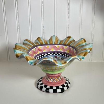 MacKenzie-Childs Odd Fellows Compote | Taylor Fluted Rim & footed compote. Dimensions: h. 7 x dia. 12 in
