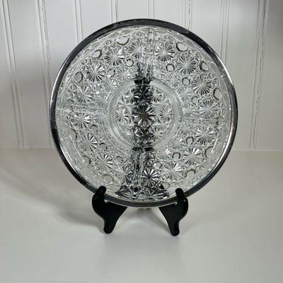 Silver Plate Rimmed Divided Dish | Glass dish with 5 divided sections and Silver plate rim. Dimensions: h. 1.5 x dia. 10 in

