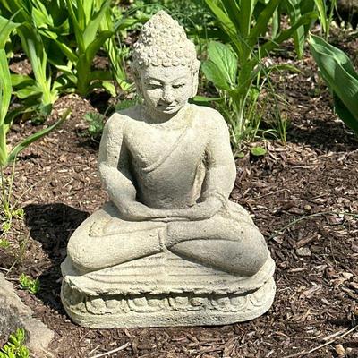 CONCRETE BUDDHA GARDEN STATUE | Concrete Buddha garden statue in meditation pose. Dimensions: h. 12 x w. 9 x d. 5.5 in
