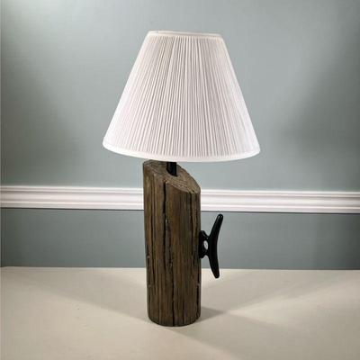 Wood Log Style Table Lamp | Dock / Pier style wood lamp with boat cleat. Dimensions: h. 28 x dia. 15 in (overall with shade)
