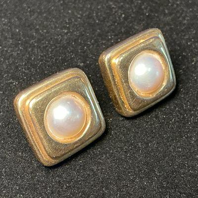14k Gold Square Pearl Earrings (13.5 Grams Total)