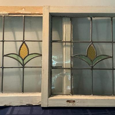 Set Of Two Antique Leaded Stained Glass Windows 
