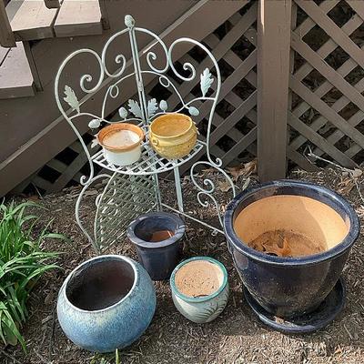 Assorted Glazed Ceramic Planter Pots And Wrought Iron Plant Stand