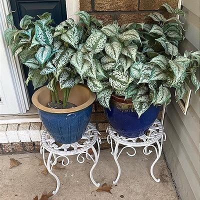 Two Wrought Iron Plant Stands And Blue Glazed Ceramic Planter Pots