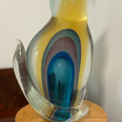 Murano Blown Glass Signed (Rossetto) Cat Sculpture 13” with paperwork 