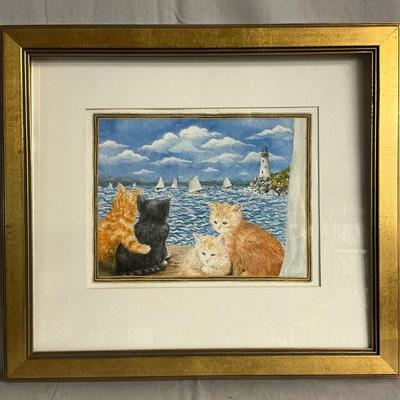 Edie Pyle Hopkins "At The Races" Cat Watercolor Painting