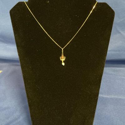 10k Gold Ruby Glass Dangle Pendant & Chain 