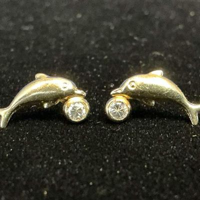 14k Gold CZ Dolphin Earrings (0.4 Gram)