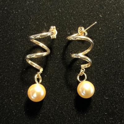 14k Gold Spiral Drop Pearl Earrings (2.8 Grams Total)