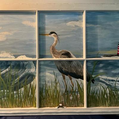 Painted Herron On Antique Window Frame By Judy Ortiz