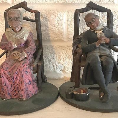  Antique Wooden Handpainted Grandma And Grandpa Nodders