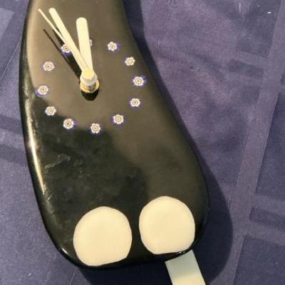 Fused Glass Cat Clock With Pendulum Tail 