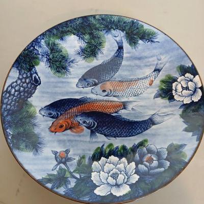 Toyo Koi Fish Pond Porcelain Charger Platter ~ 12.5"diameter. Signed by artist. Asking $100.