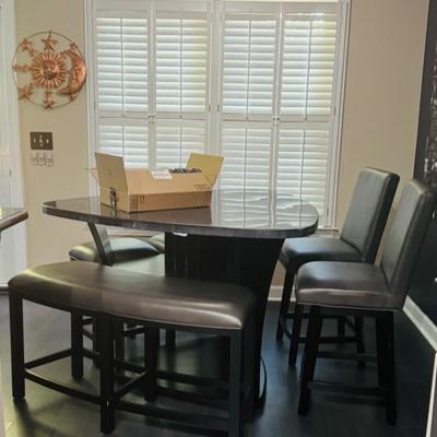 Triangle dining table with bench, 2 chairs, and 2 stools
