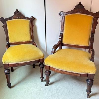 Antique Empire Carved Yellow Velvet Chairs 