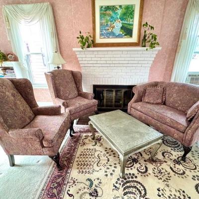 Matching Vintage Upholstered Loveseat And Two Wingback Chairs In Excellent Condition