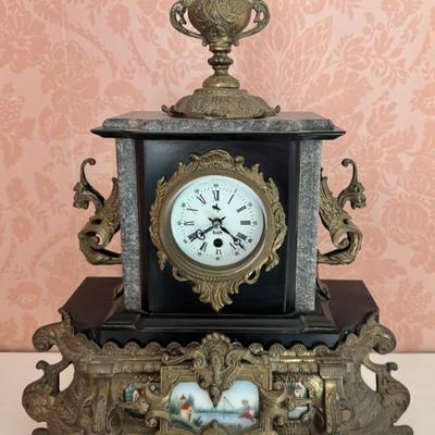 Antique Brass And Marble Mantle Clock