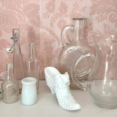 Home Decor Lot With Fenton Hobnail Milk Glass Shoe 