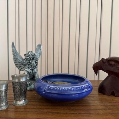 Collection Of Decor Including Carved Eagle Head, Pewter Shot Glasses And More