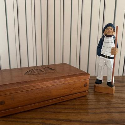 Sailboat Carved Wooden Box & Carved Wooden Fisherman Statue 