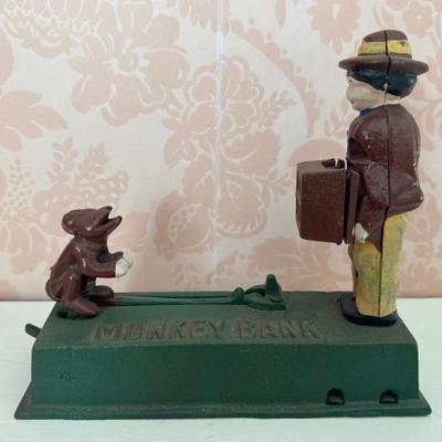 Vtg Monkey Bank Cast Iron Steel Coin Mechanical Bank