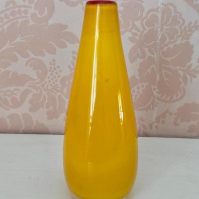 Fabulous Yellow Cased Glass Bud Vase Scandinavian Style Red Rim Vintage