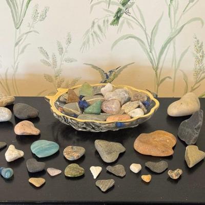 Collection Of Heart Shaped Stones And Dish Of Additional Stones And Minerals