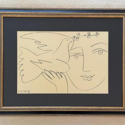 Pablo Picasso, Vintage Lithograph Portrait Woman And Dove