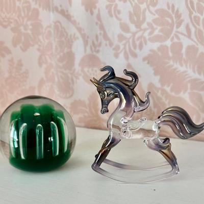 Art Glass Lot With Paperweight And Rocking Horse Statue 