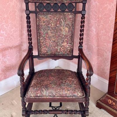 Victorian Platform Rocking Chair With Carved Accents, Barley Twist, Upholstered, Spring Platform