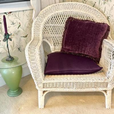 Vintage White Wicker Chair With Purple Pillows