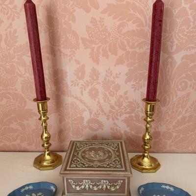 Home Decor Lot With Brass Candlesticks And Wedgwood Dishes 