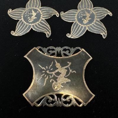 Siam Sterling Brooch And Clip On Earrings. ~h~