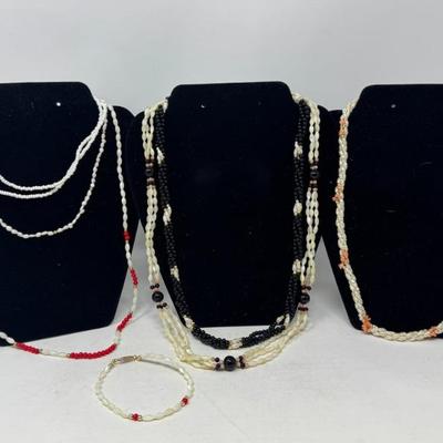 Collection Of Beaded Necklaces Incl. Seed Pearls, Coral And Some 14k Gold Clasps & Beads. ~l~