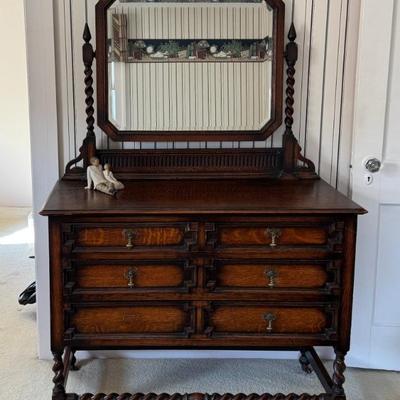 Antique Oak Barley Twist Dresser With Mirror 