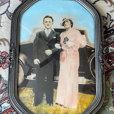 Antique Hand Colored Photograph Of A Couple With Automobile 